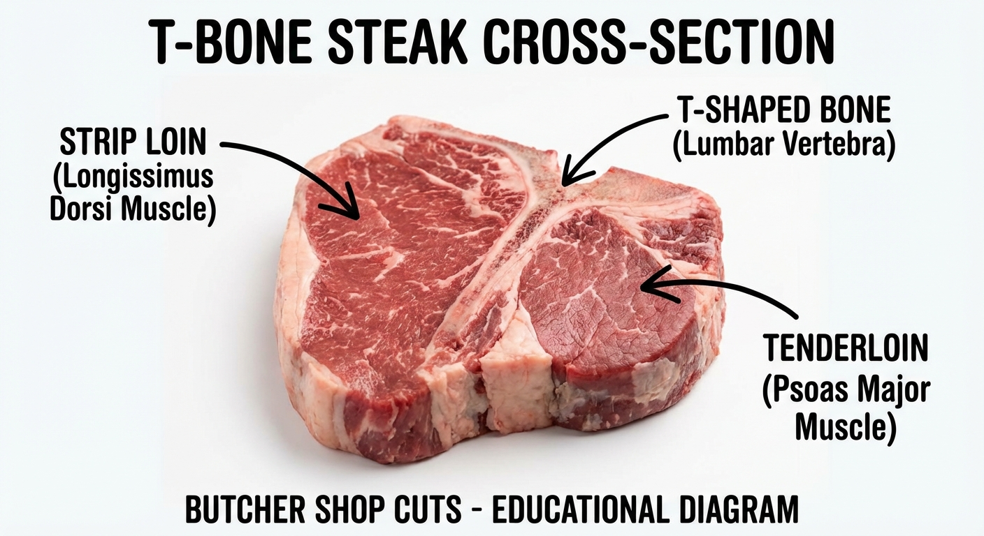 T-bone steak anatomy showing the bone separating strip loin and tenderloin