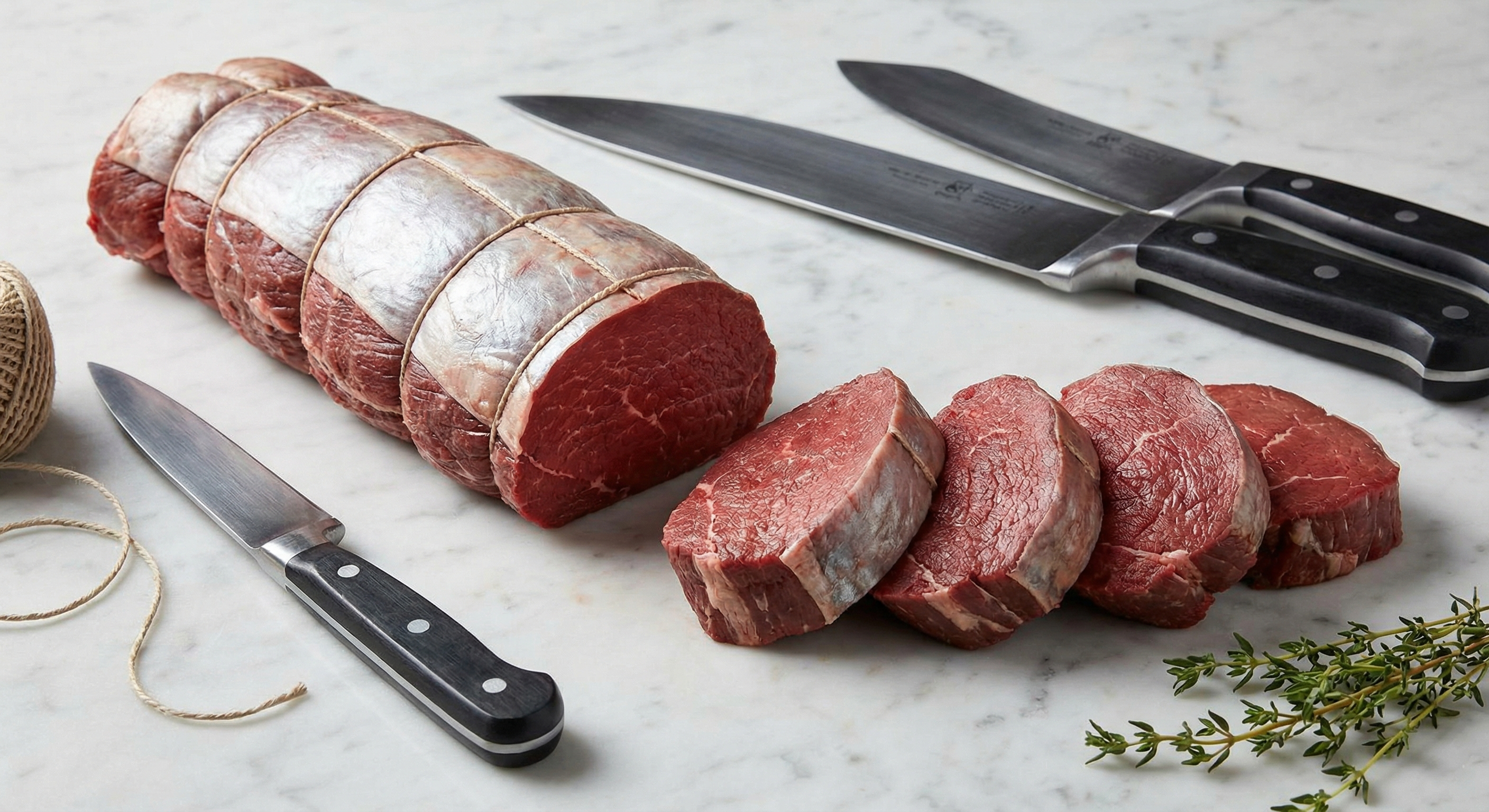 Whole beef tenderloin roast next to individual filet mignon steaks showing the relationship between the two cuts