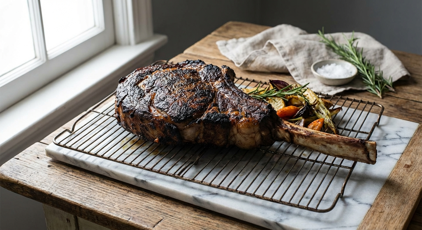 Tomahawk steak reverse searing on wire rack in oven - AI generated