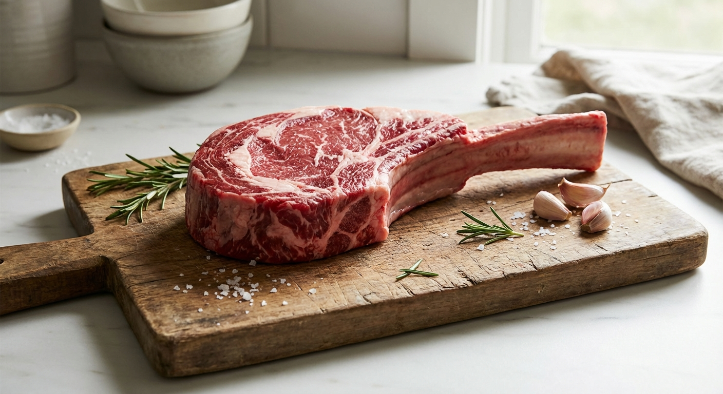 Raw tomahawk steak showing marbling and thickness - AI generated