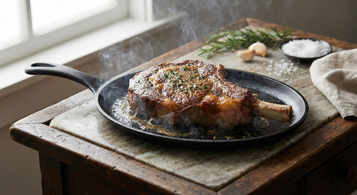 Searing tomahawk steak in cast iron skillet with butter baste - AI generated