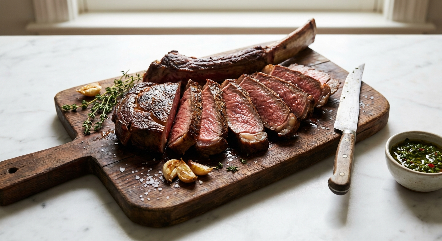 Sliced tomahawk steak fanned out on cutting board - AI generated