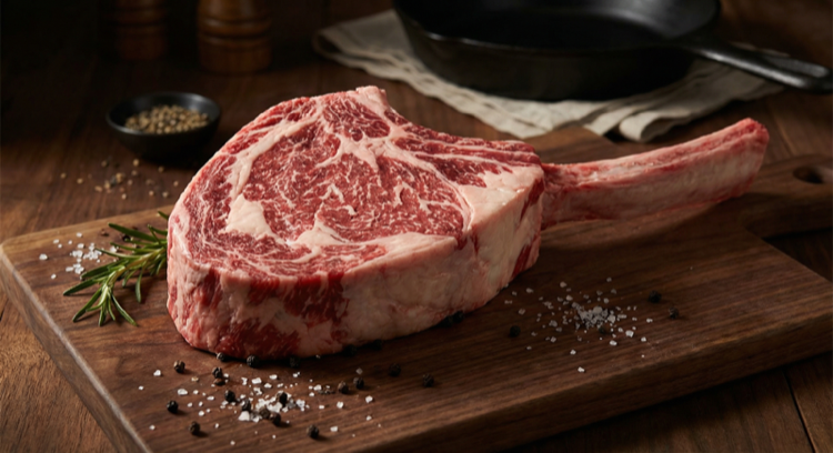 Raw tomahawk steak cut showing the long frenched rib bone and heavily marbled ribeye on a dark cutting board