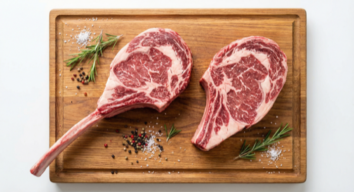 Tomahawk steak vs regular bone-in ribeye side by side showing the difference in bone length