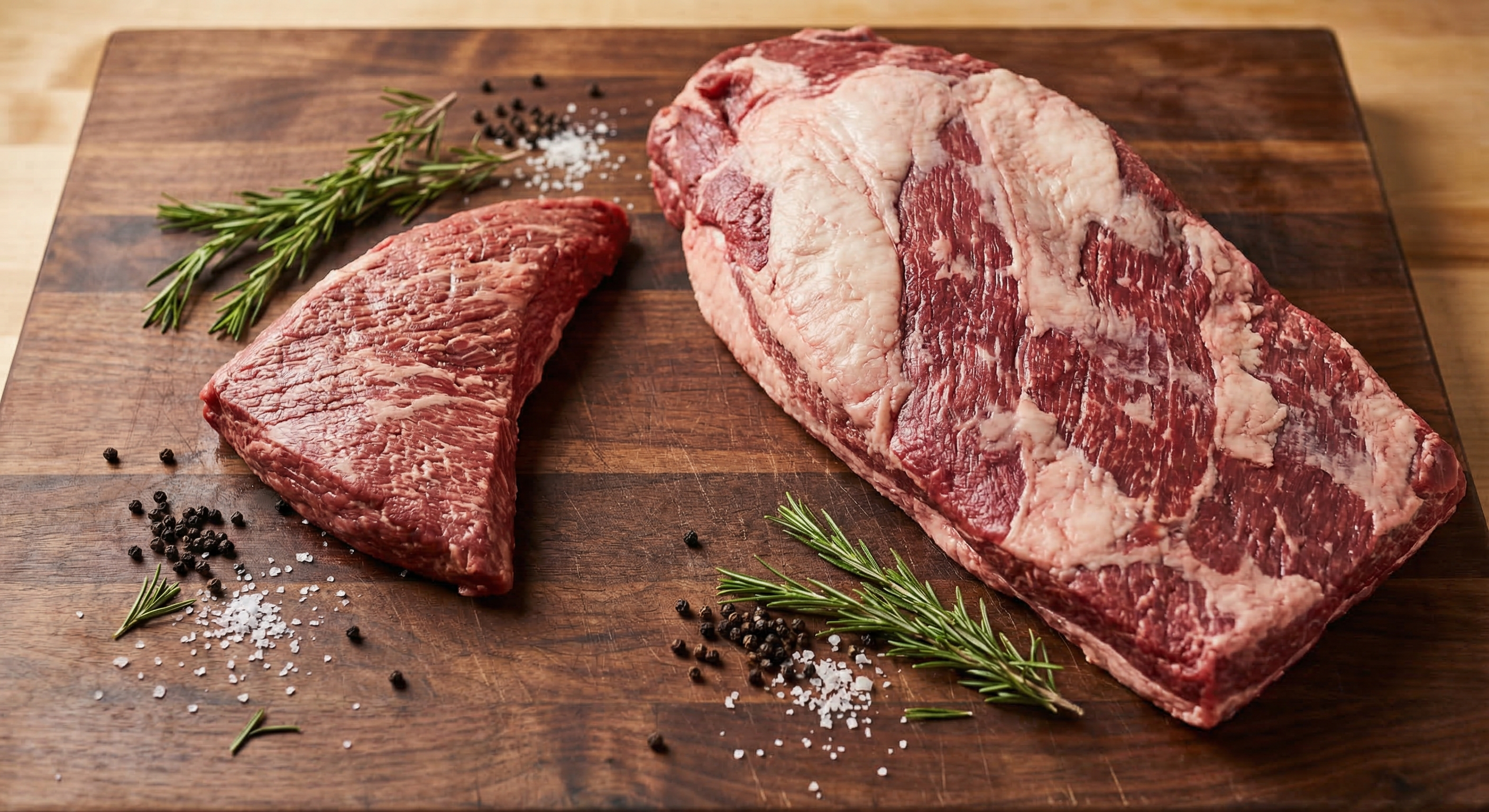 Raw tri-tip roast and whole packer brisket side by side on a walnut cutting board showing the size difference between the two beef cuts