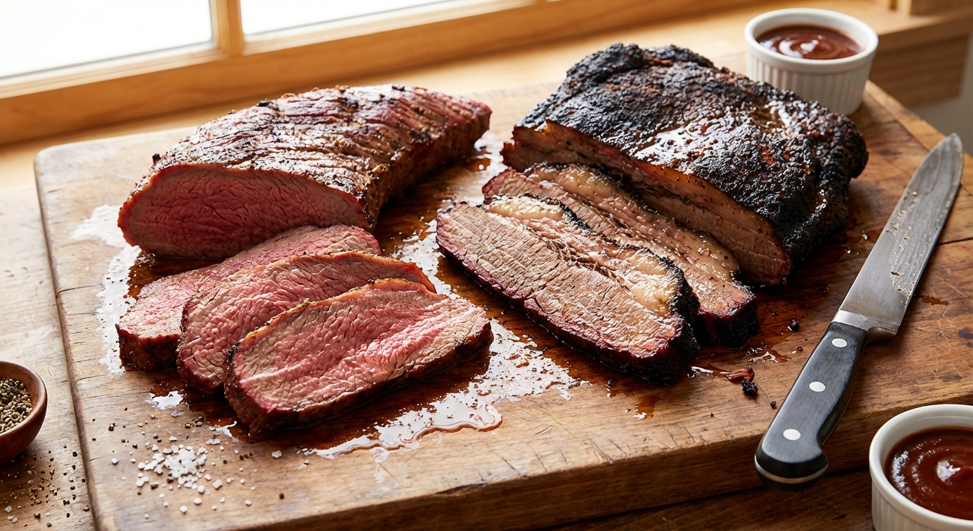Sliced smoked tri-tip showing pink smoke ring next to sliced smoked brisket with dark bark crust on a wooden cutting board
