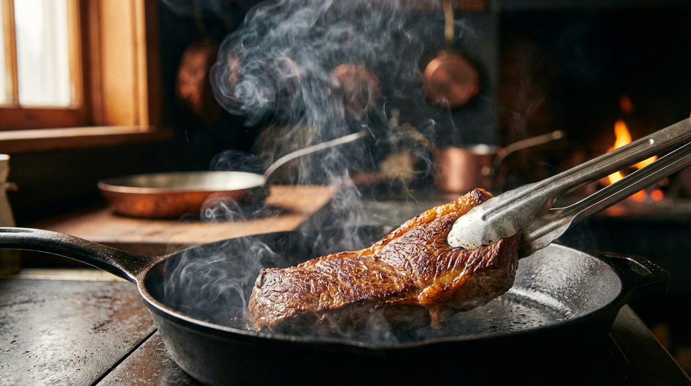Bavette steak searing on a smoking hot cast iron skillet with golden brown crust forming