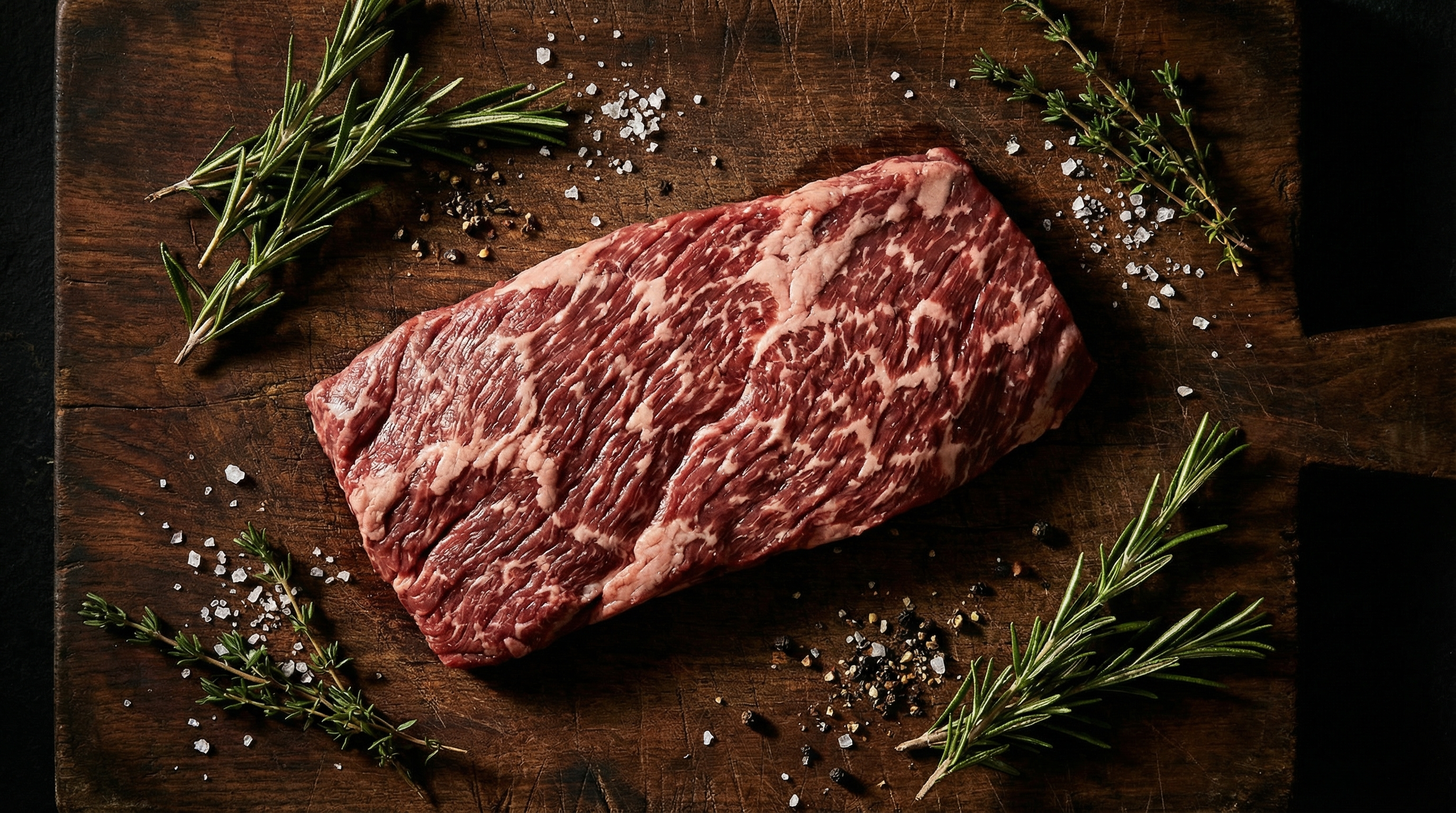 Raw bavette steak on dark wooden cutting board showing distinctive coarse grain and moderate marbling