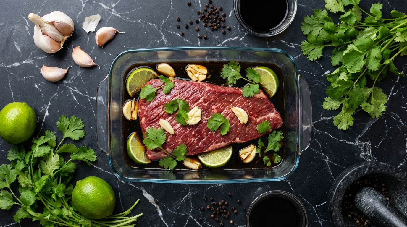 Bavette steak marinating in a glass dish with soy sauce, garlic, lime, and fresh cilantro