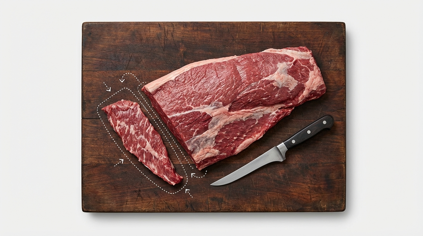 Beef sirloin primal on a butcher block with the bavette flap section visible
