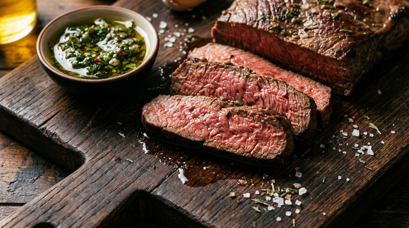 Sliced bavette steak on a dark cutting board revealing medium-rare pink interior and coarse grain