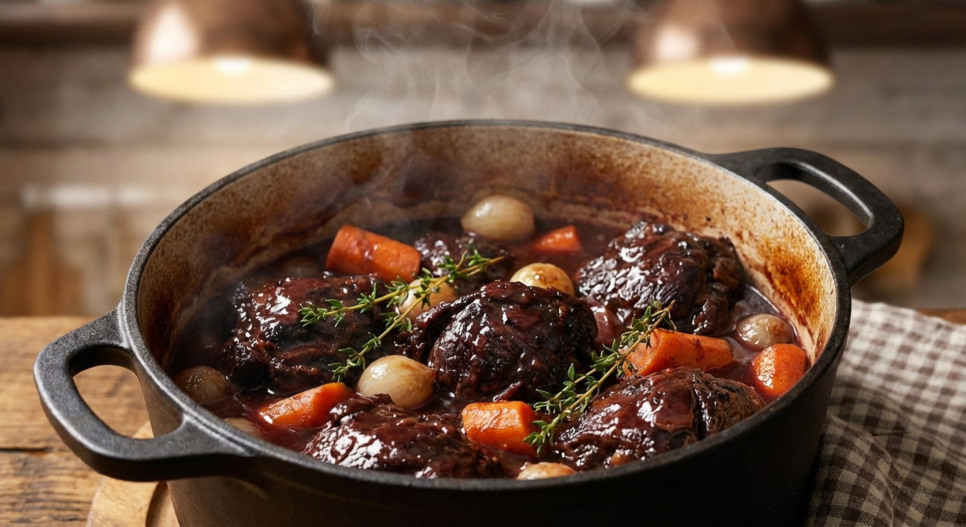 Beef cheeks braising in a Dutch oven with red wine carrots and fresh thyme