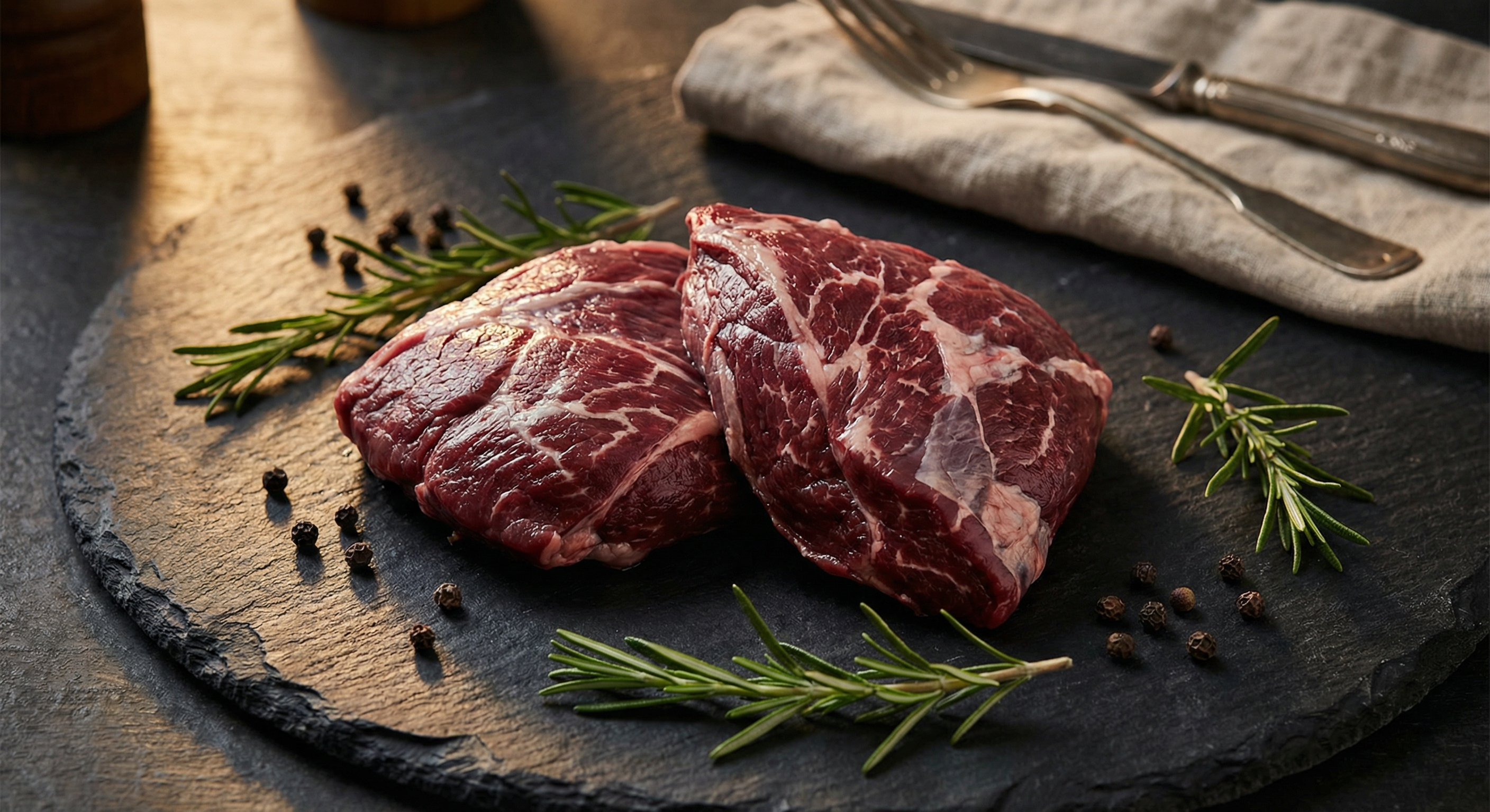 Raw beef cheeks on a dark slate surface showing deep red color and visible connective tissue marbling