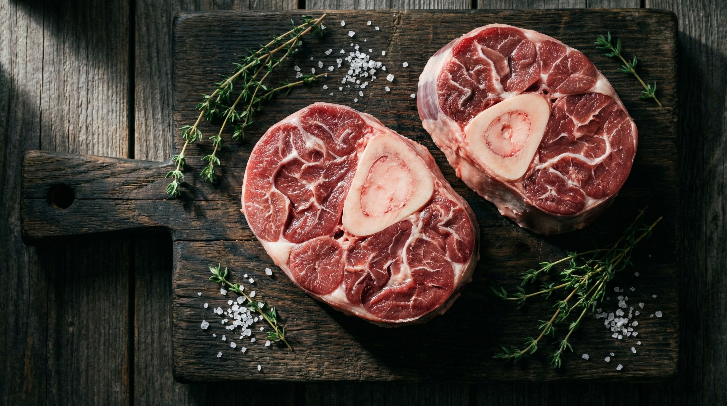 Cross-cut beef shank rounds on a dark wooden cutting board showing the marrow bone center and surrounding meat