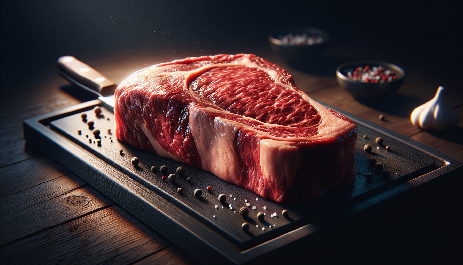 Raw chuck eye steak on dark wooden cutting board showing rich marbling similar to ribeye
