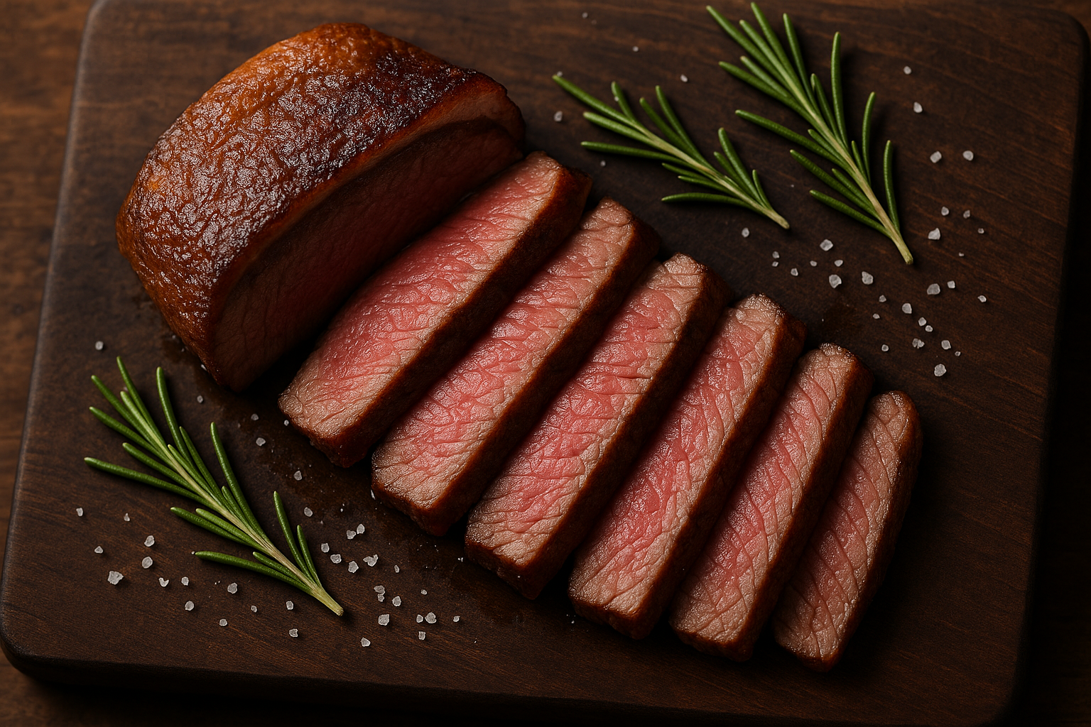Seared coulotte steak sliced on a cutting board showing medium-rare interior and golden fat cap