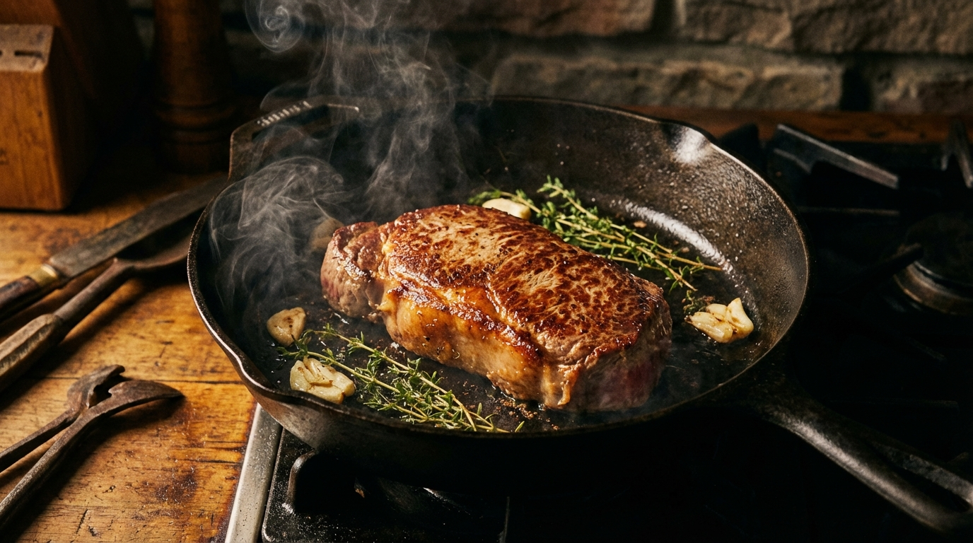 Denver steak searing in cast iron skillet with golden Maillard crust and wisps of steam rising
