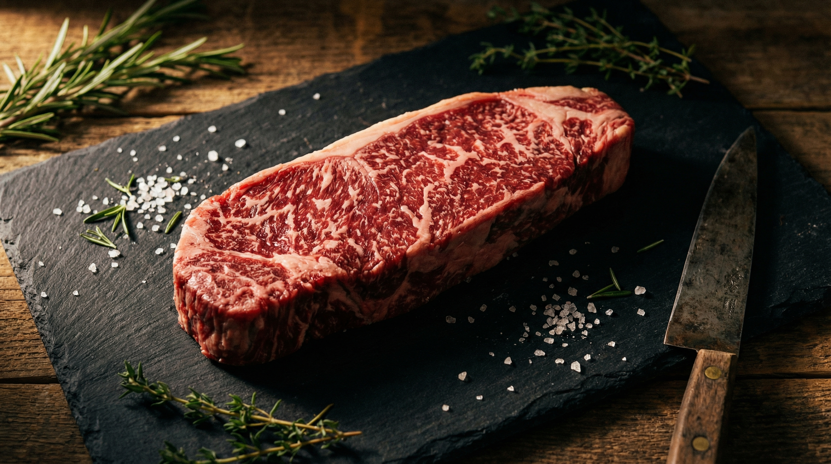 Raw Denver steak on dark slate cutting board showing rich intramuscular marbling through deep red beef