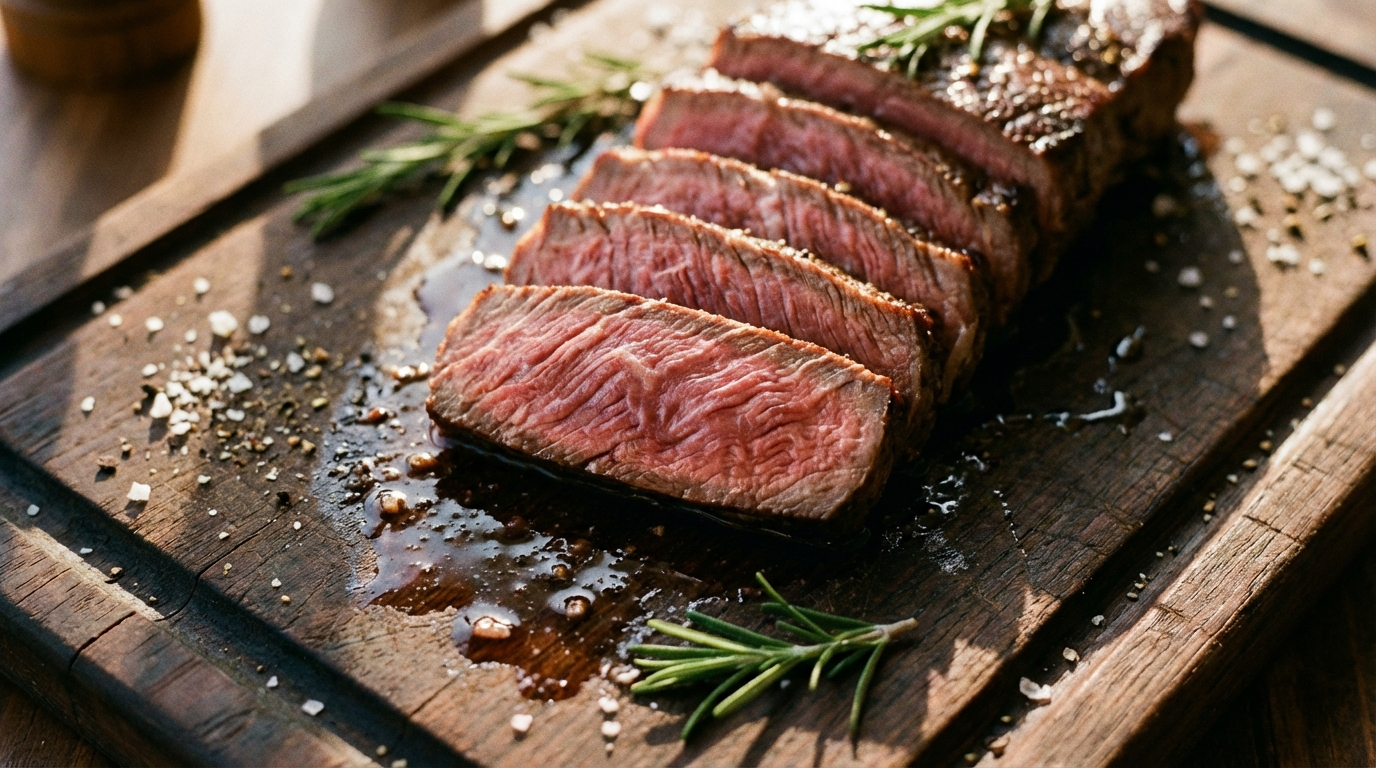 Sliced Denver steak on dark cutting board showing perfect medium-rare pink interior with visible marbling