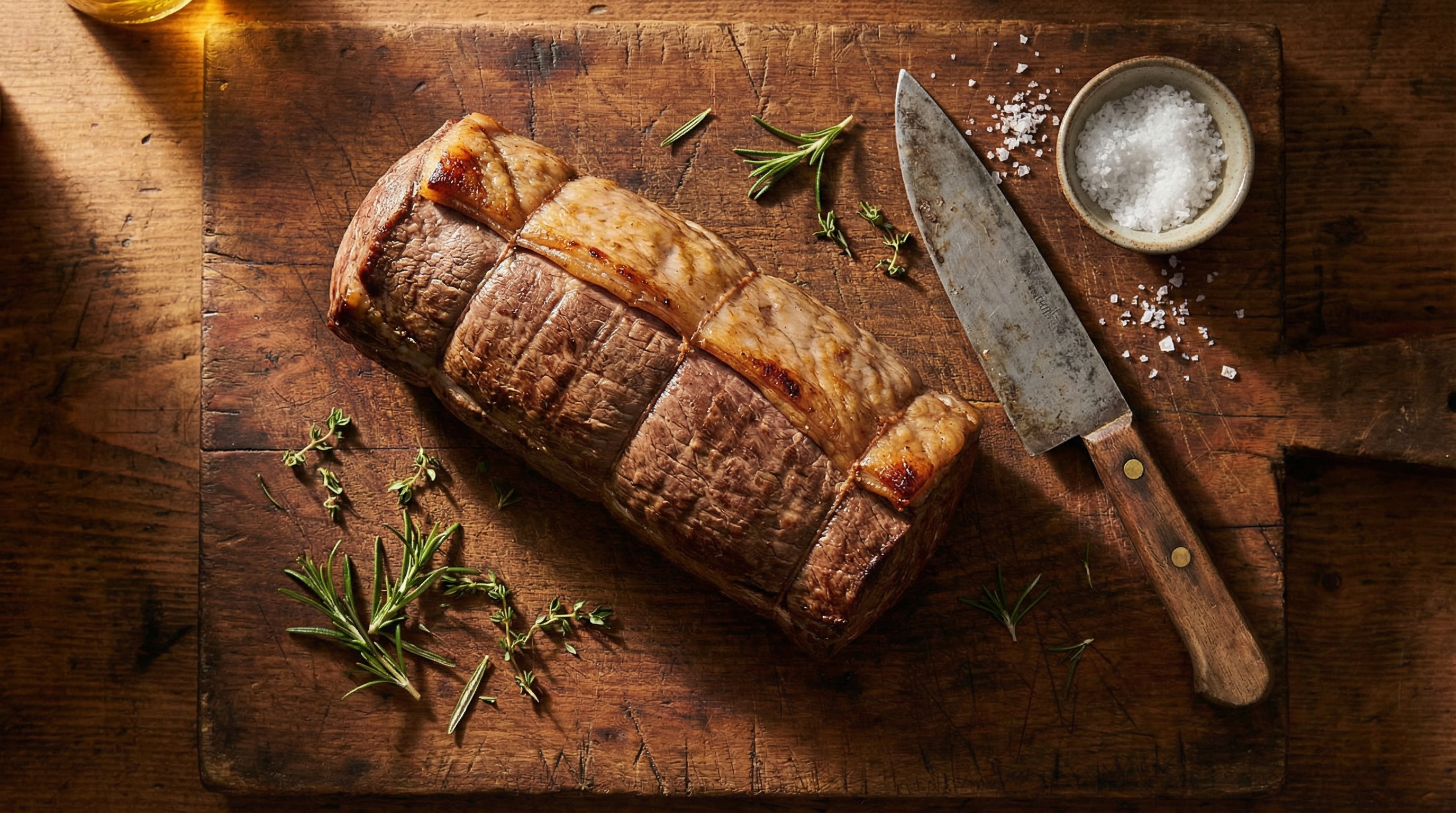 Whole eye of round beef roast on dark wooden butcher block with knife and coarse salt