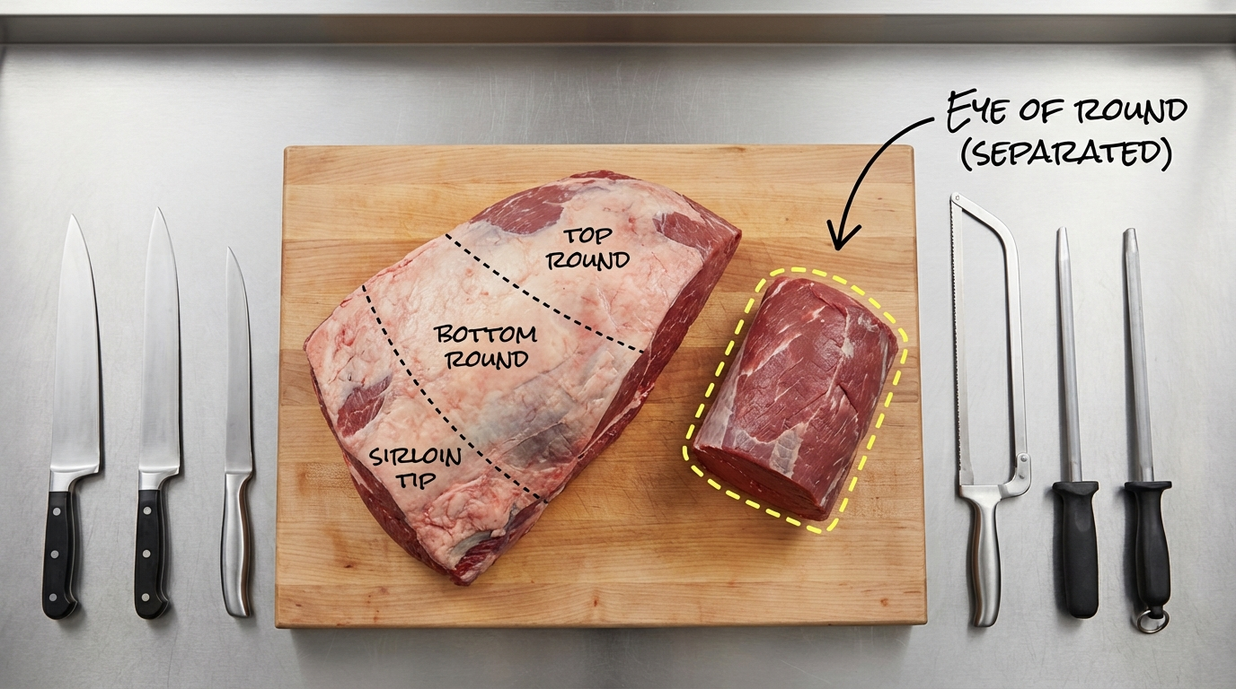 Beef round primal on cutting board showing eye of round location within the hindquarter
