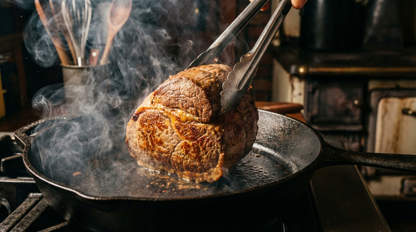 Eye of round beef being seared in cast iron skillet with golden crust forming