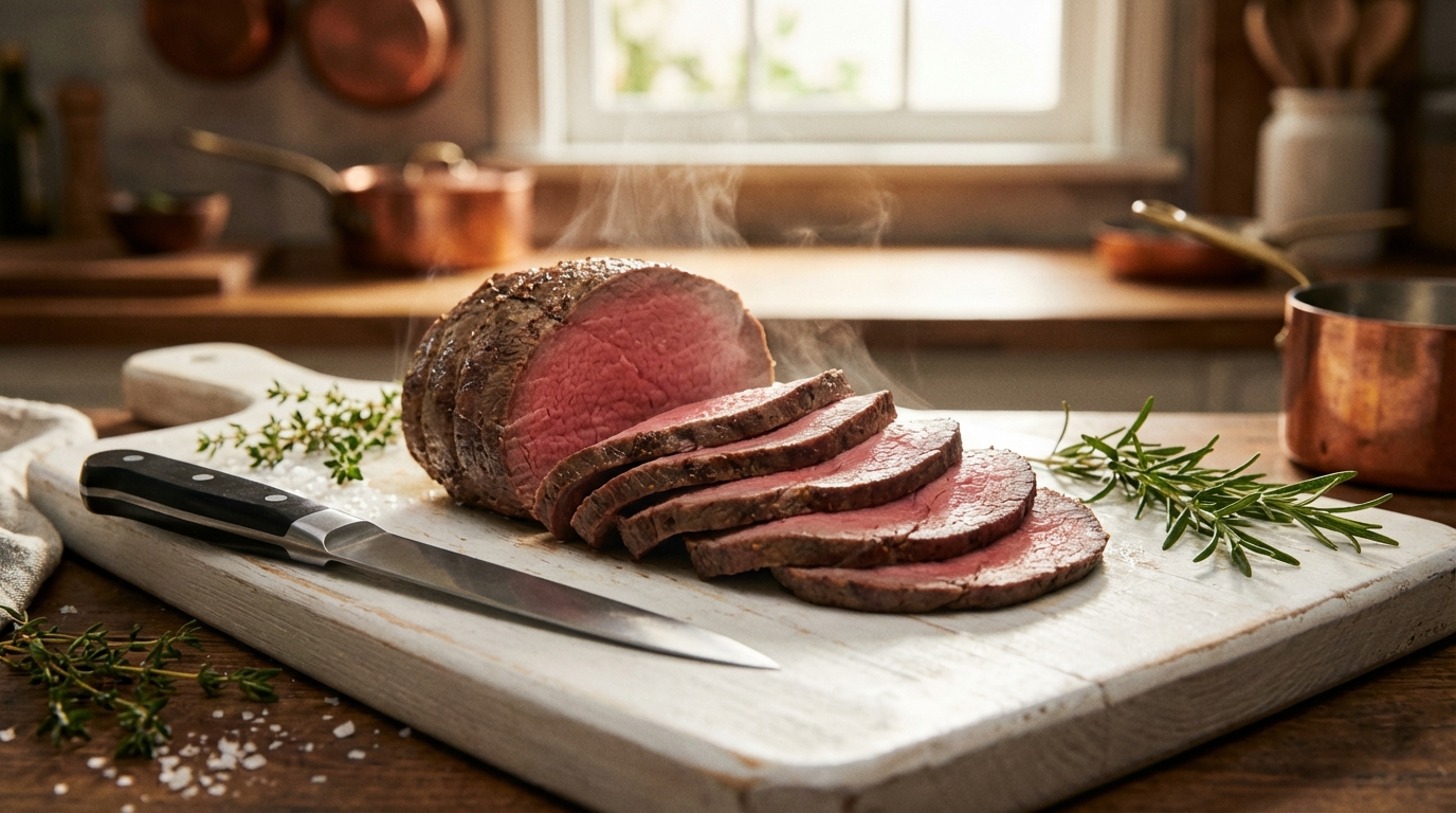 Thinly sliced roast eye of round beef showing pink center on white cutting board