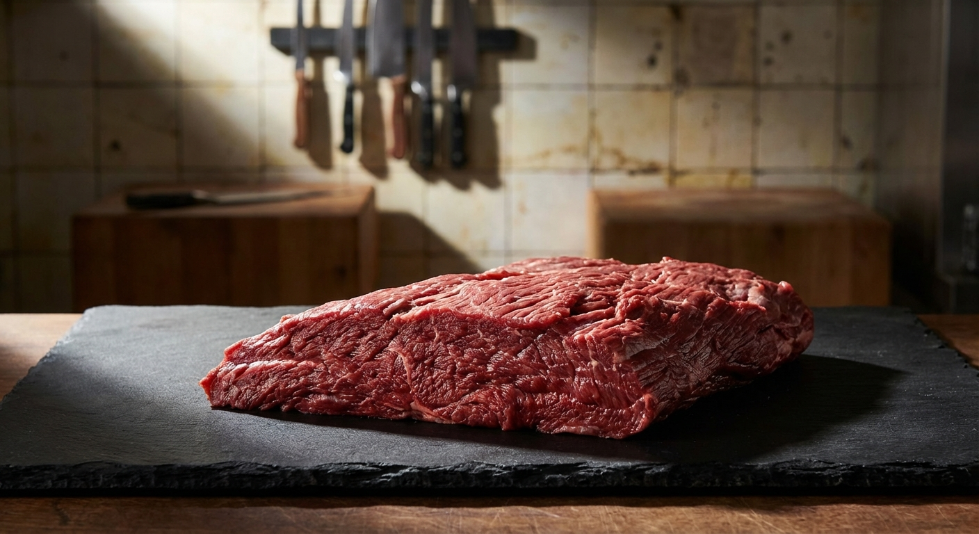 Raw flap meat steak on dark slate cutting board showing long thin fibrous texture and deep red color