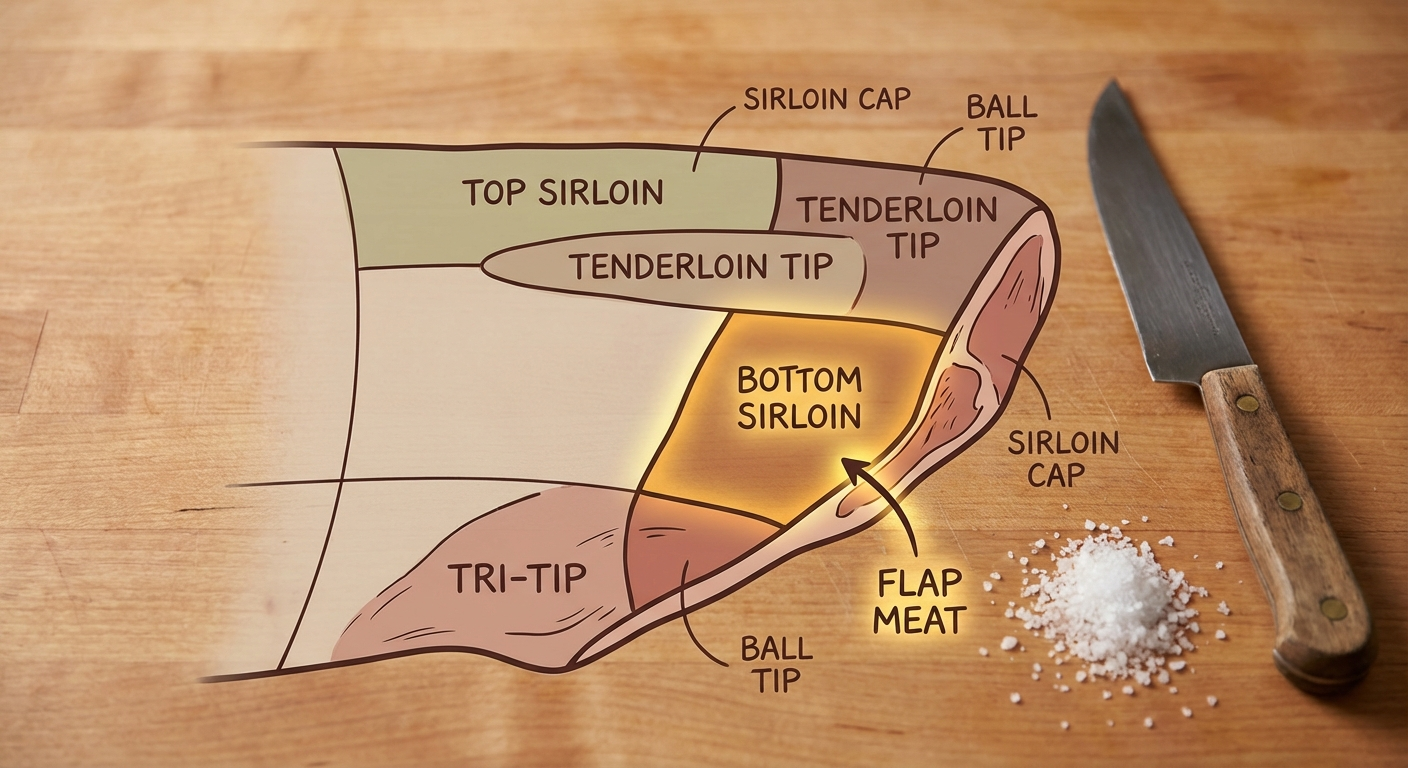 Beef sirloin primal diagram on butcher block showing the bottom sirloin section where flap meat is located