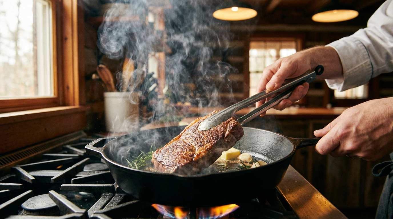 Flat iron steak searing in cast iron skillet with golden brown crust and rising steam