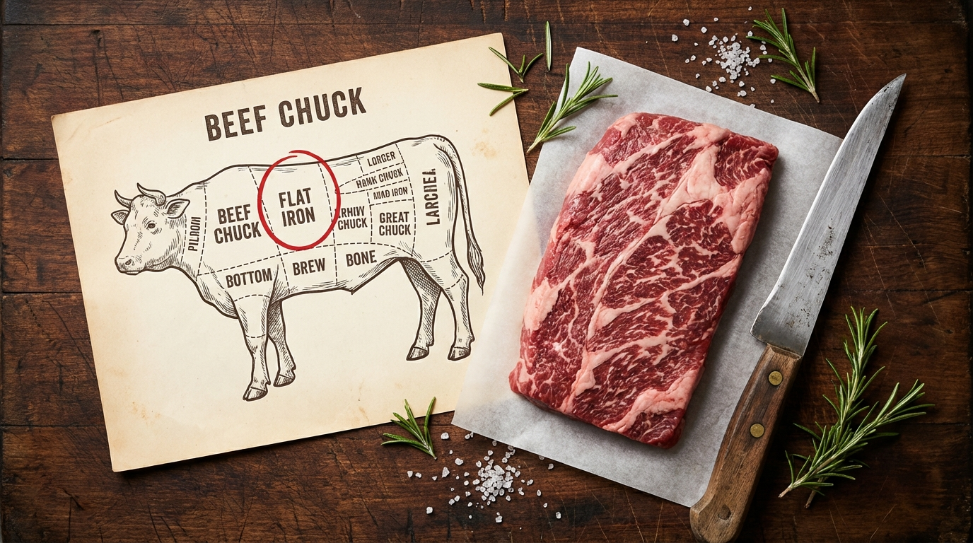 Flat iron steak cut location on beef chuck primal with shoulder blade area highlighted