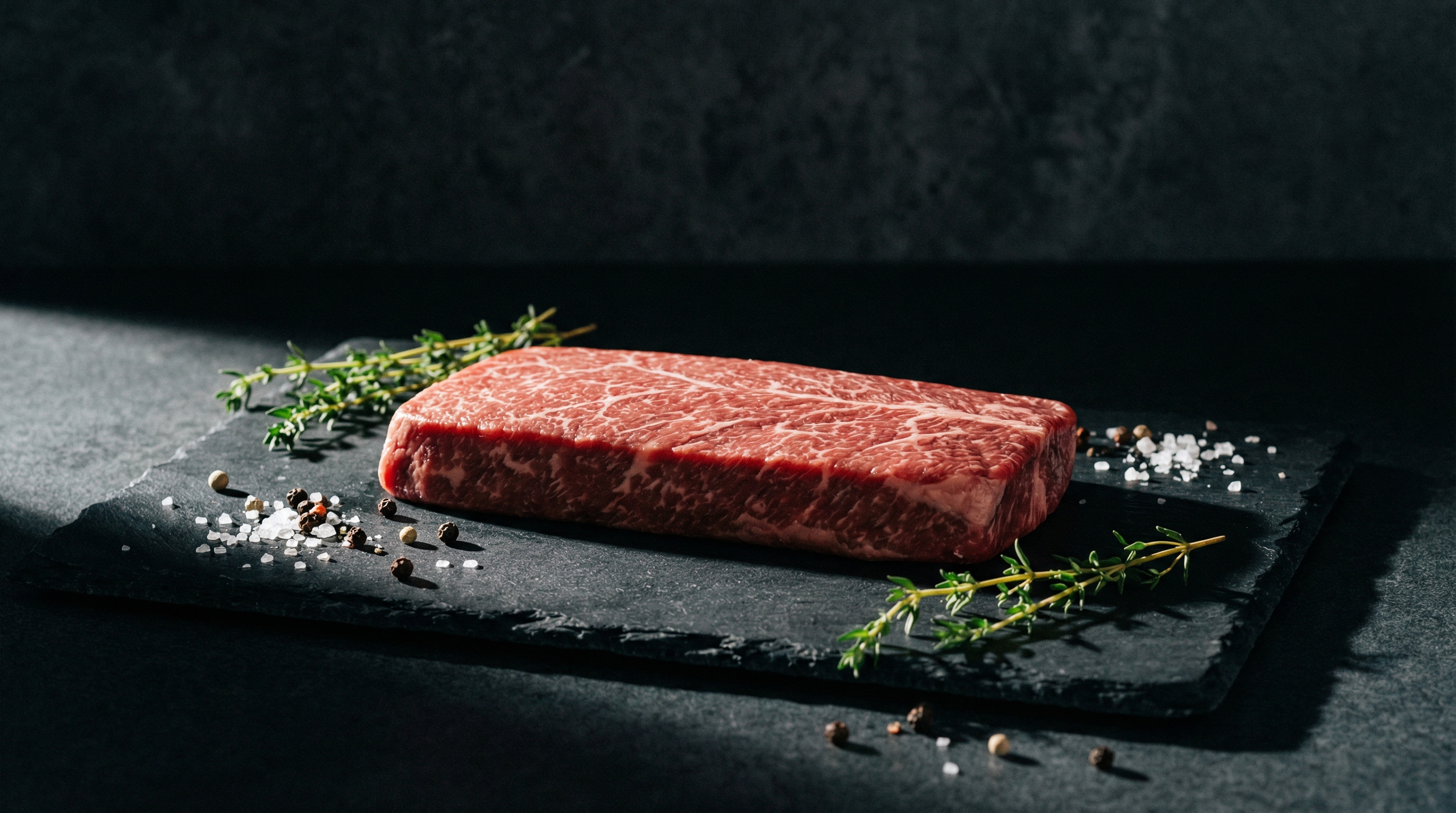 Raw flat iron steak on dark slate cutting board showing uniform rectangular shape and fine marbling