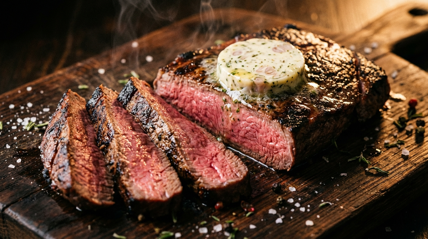 Sliced flat iron steak on dark board showing perfect medium-rare pink interior with melting compound butter