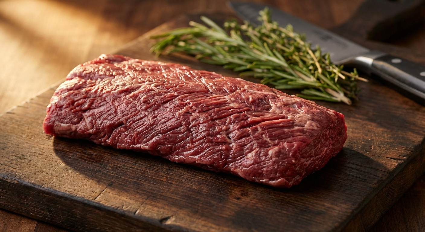 Raw hanger steak on a dark wooden cutting board showing distinctive coarse grain and deep red color
