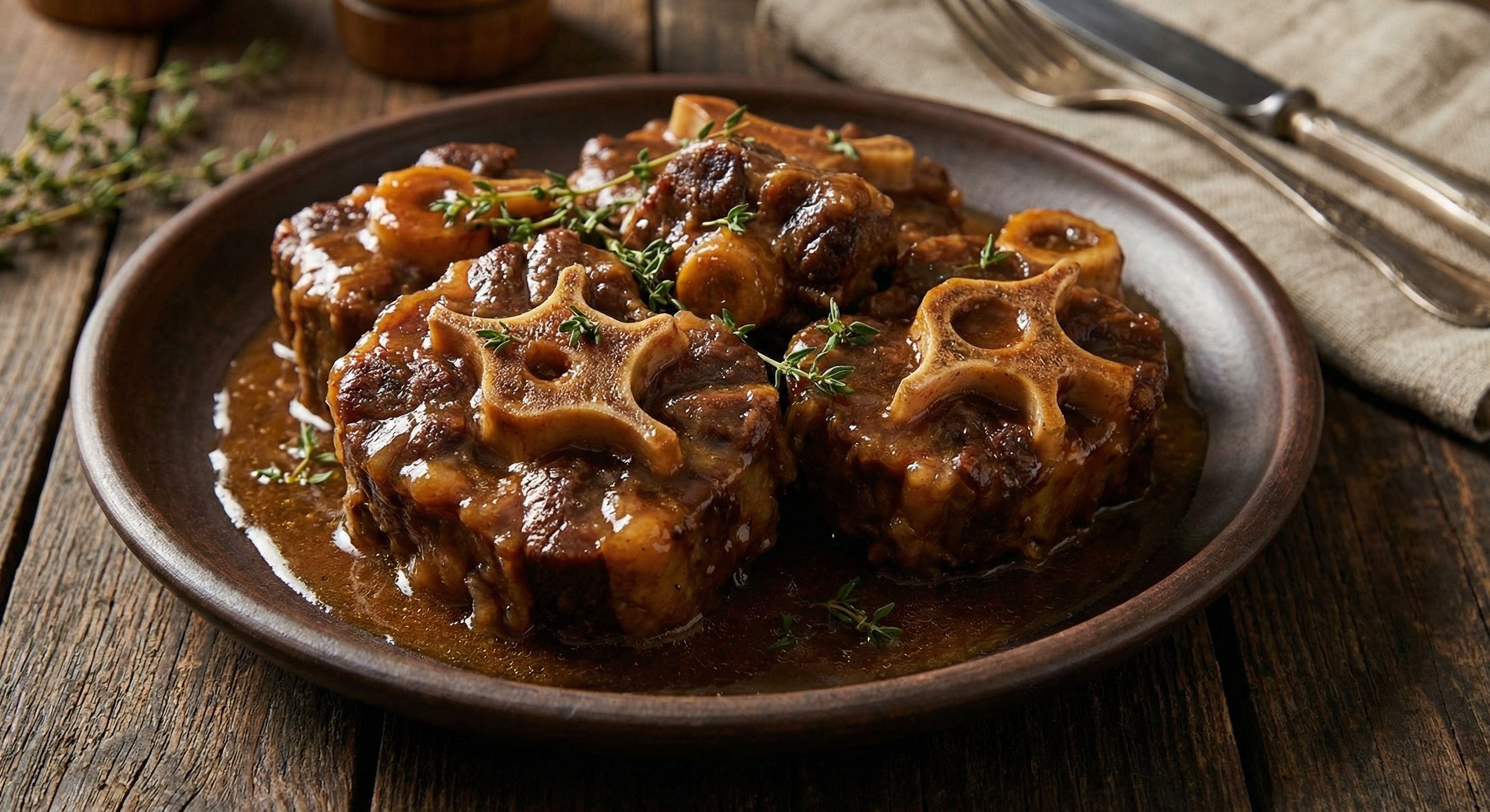 Braised oxtail pieces on a dark ceramic plate with rich brown sauce and fresh herbs showing tender meat falling off the bone