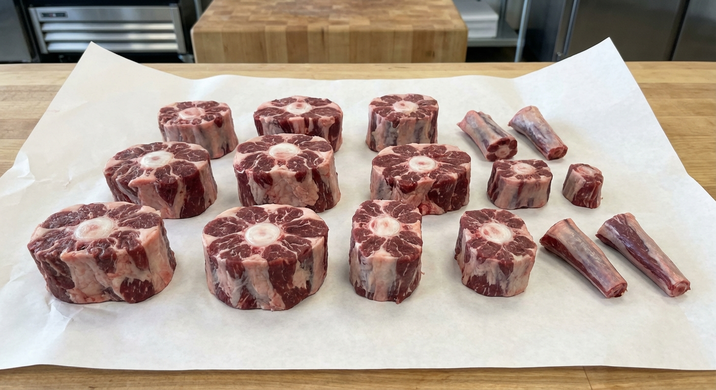 Raw oxtail cross-cut pieces on butcher paper showing central vertebral bone surrounded by dark red meat with visible marbling