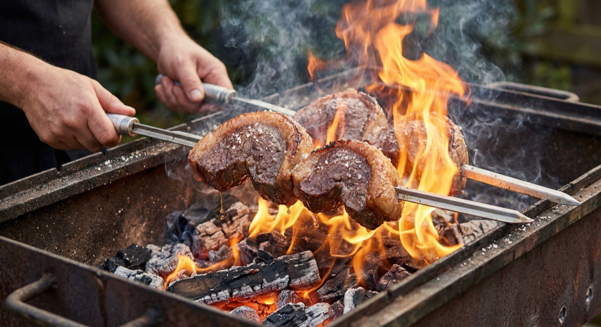 Picanha steaks cooking on a grill with the fat cap rendering