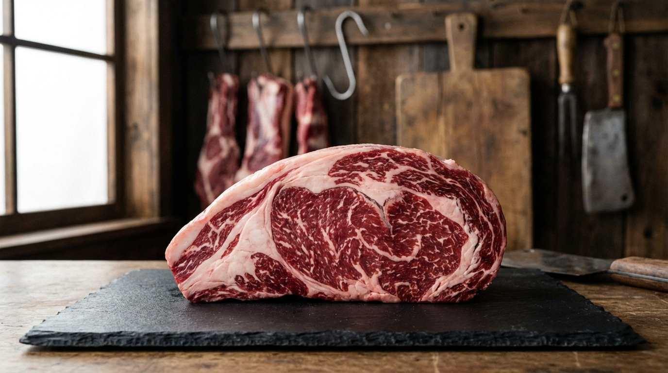 Raw ribeye cap steak on dark slate cutting board showing rich intramuscular marbling through deep red beef in a crescent shape