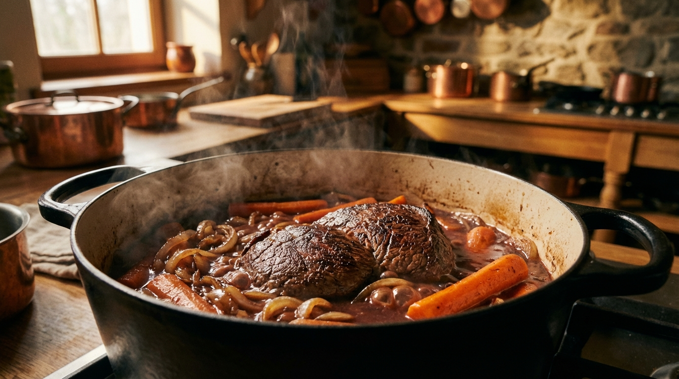 Beef round steak braising in a cast iron Dutch oven with onions, carrots, and red wine