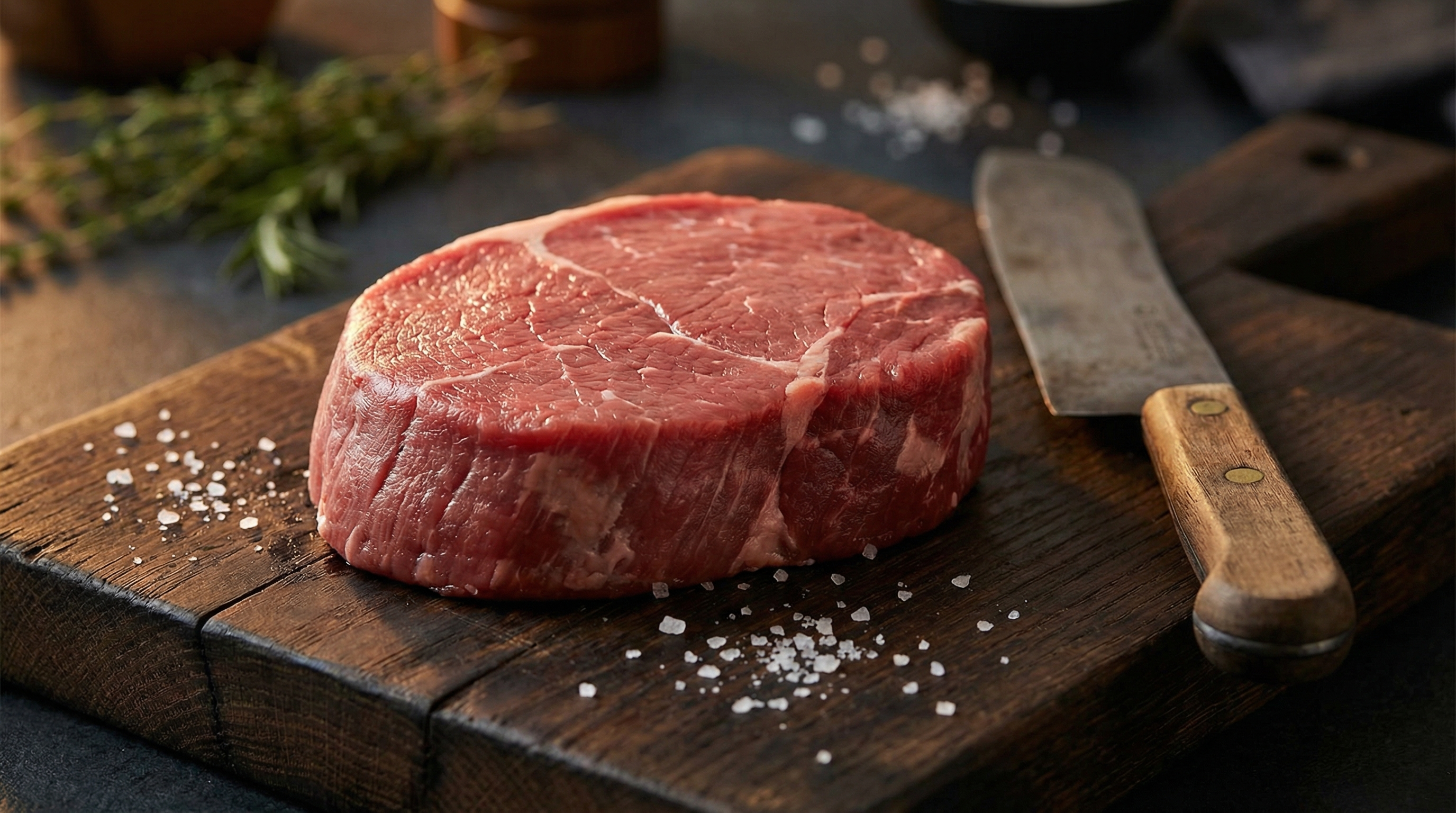 Raw beef round steak on a dark rustic cutting board with butcher knife and coarse salt