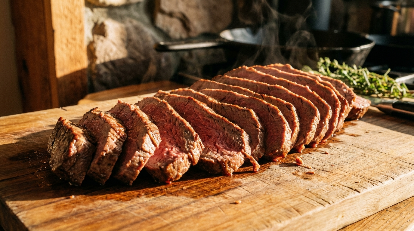 Thinly sliced cooked beef round steak cut against the grain on a wooden cutting board