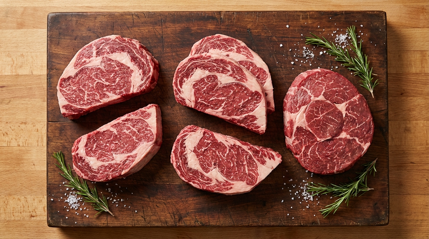 Beef round primal section showing top round, bottom round, and eye of round sub-cuts on a dark butcher block