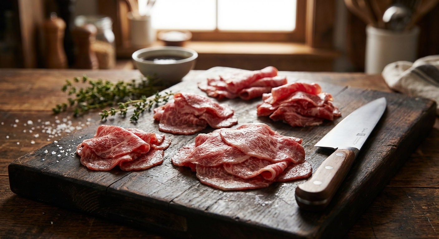 Thinly shaved beef slices arranged on a cutting board showing paper-thin texture