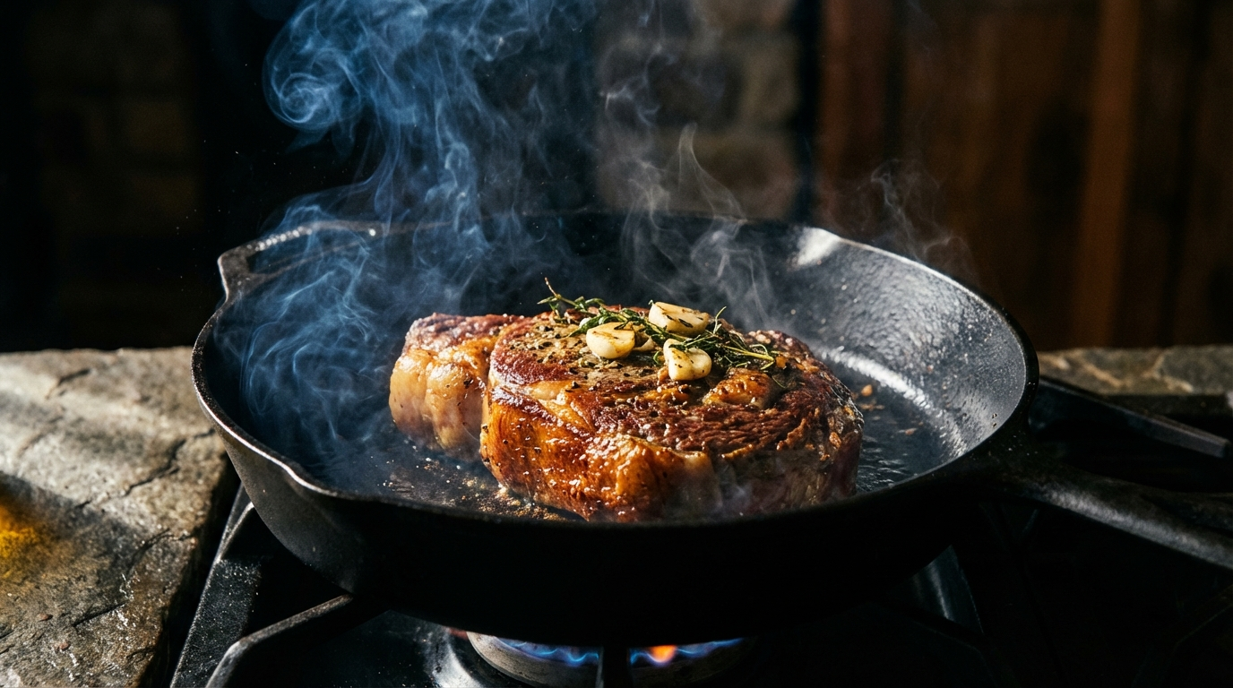 Spider steak searing in cast iron skillet with golden Maillard crust and wisps of steam rising