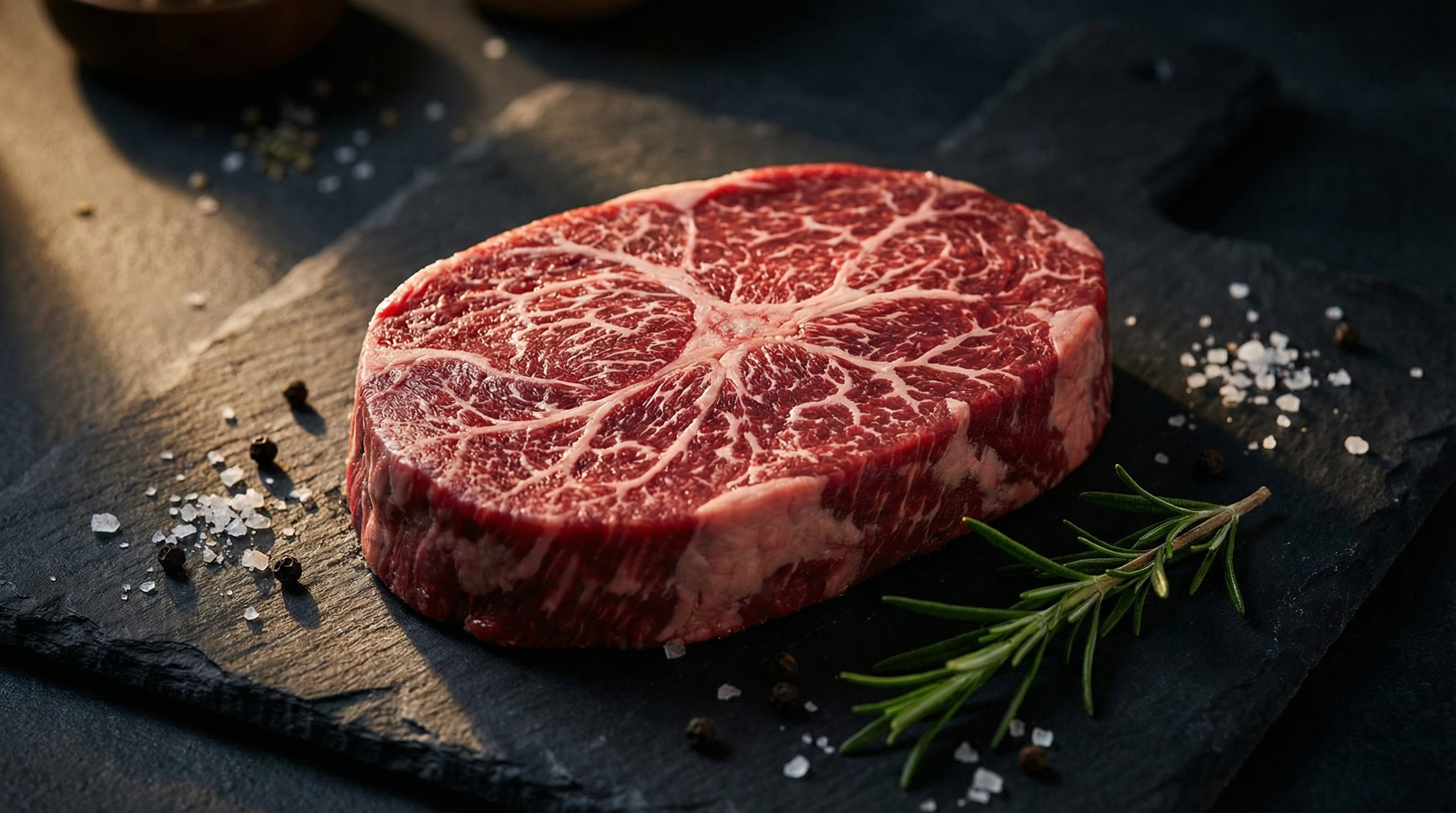 Raw spider steak on dark slate board showing web-like intramuscular fat marbling across semi-circular shape