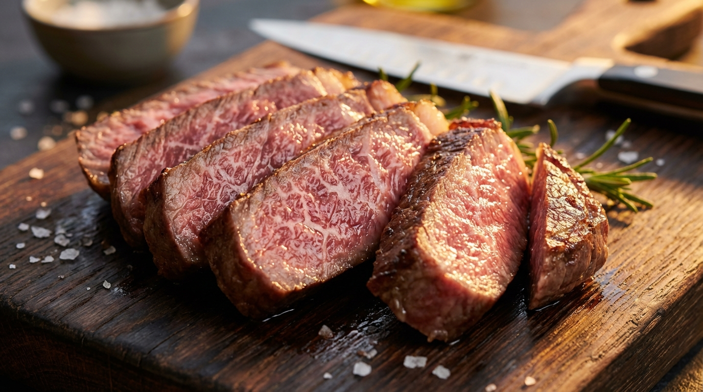 Sliced spider steak on dark cutting board showing medium-rare pink interior with web-like fat marbling