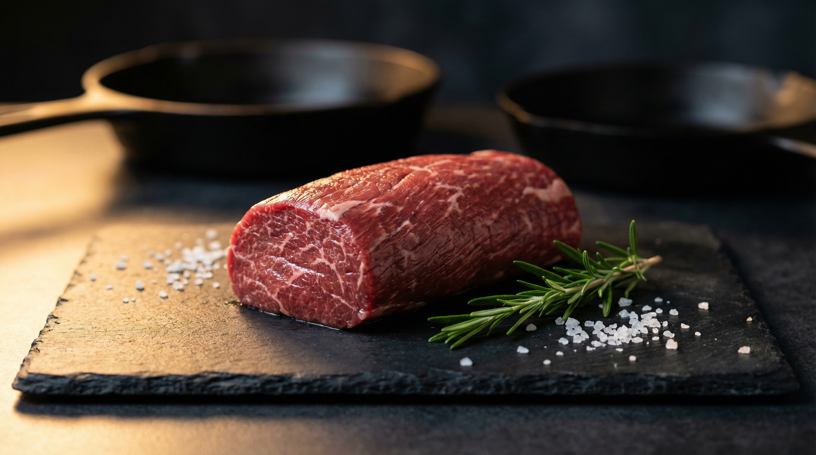 Raw teres major petite tender steak on dark slate cutting board showing compact cylindrical shape and fine marbling