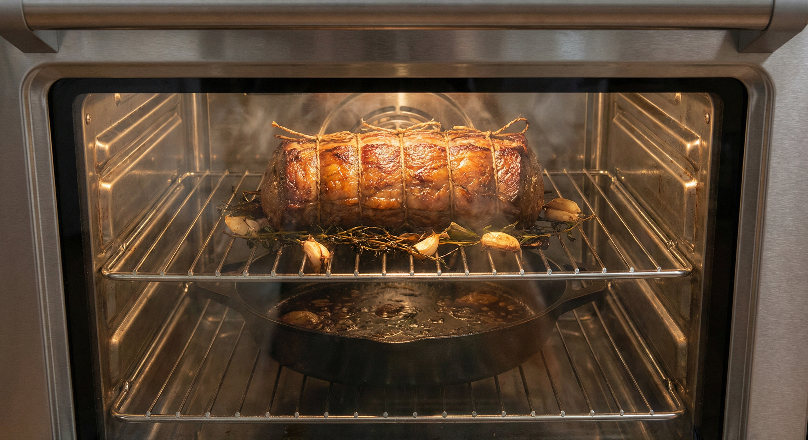 Whole beef tenderloin roasted with golden brown crust tied with butcher twine on a wire rack