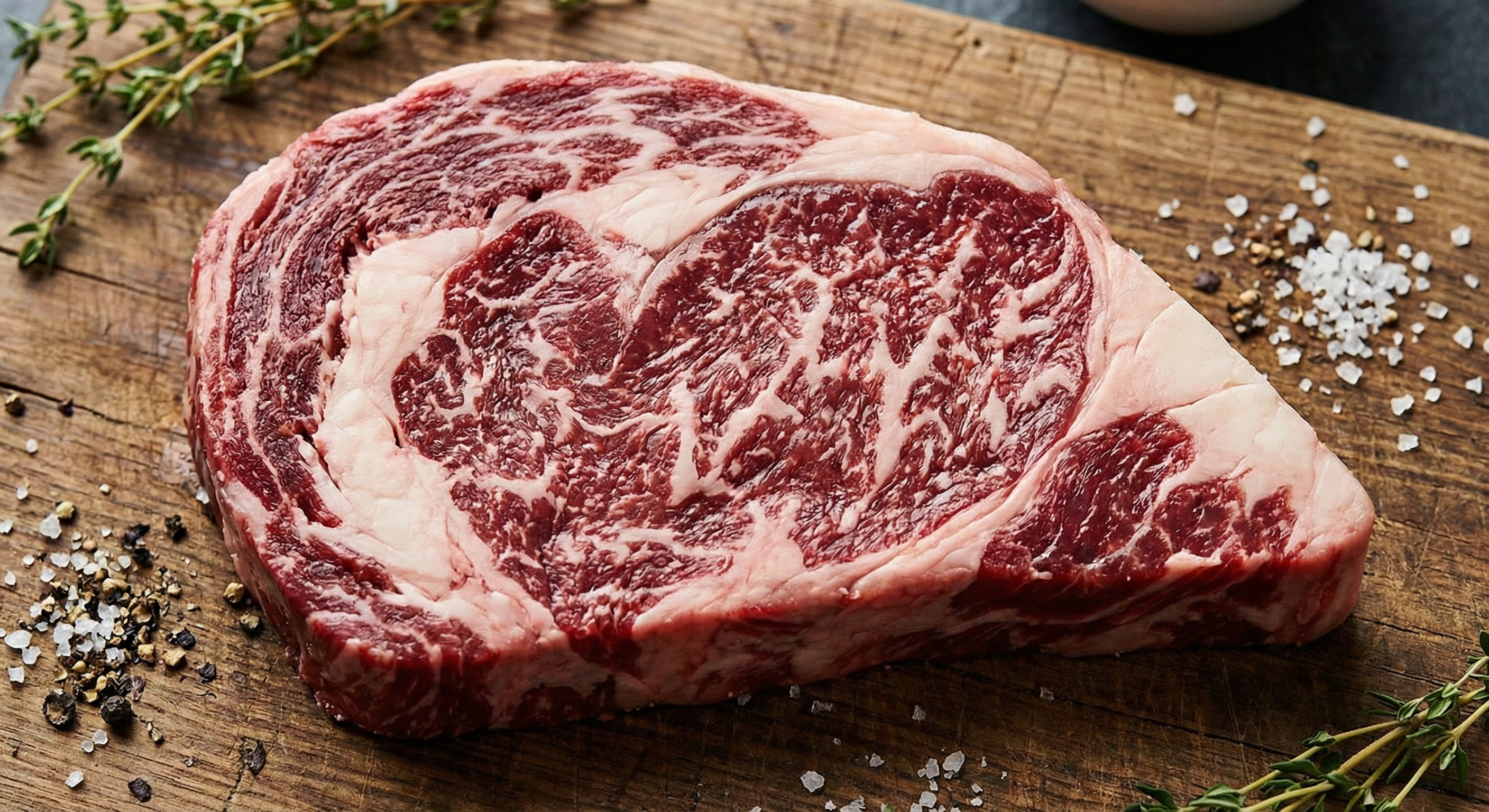 Close-up of ribeye steak showing the spinalis cap and heavy marbling