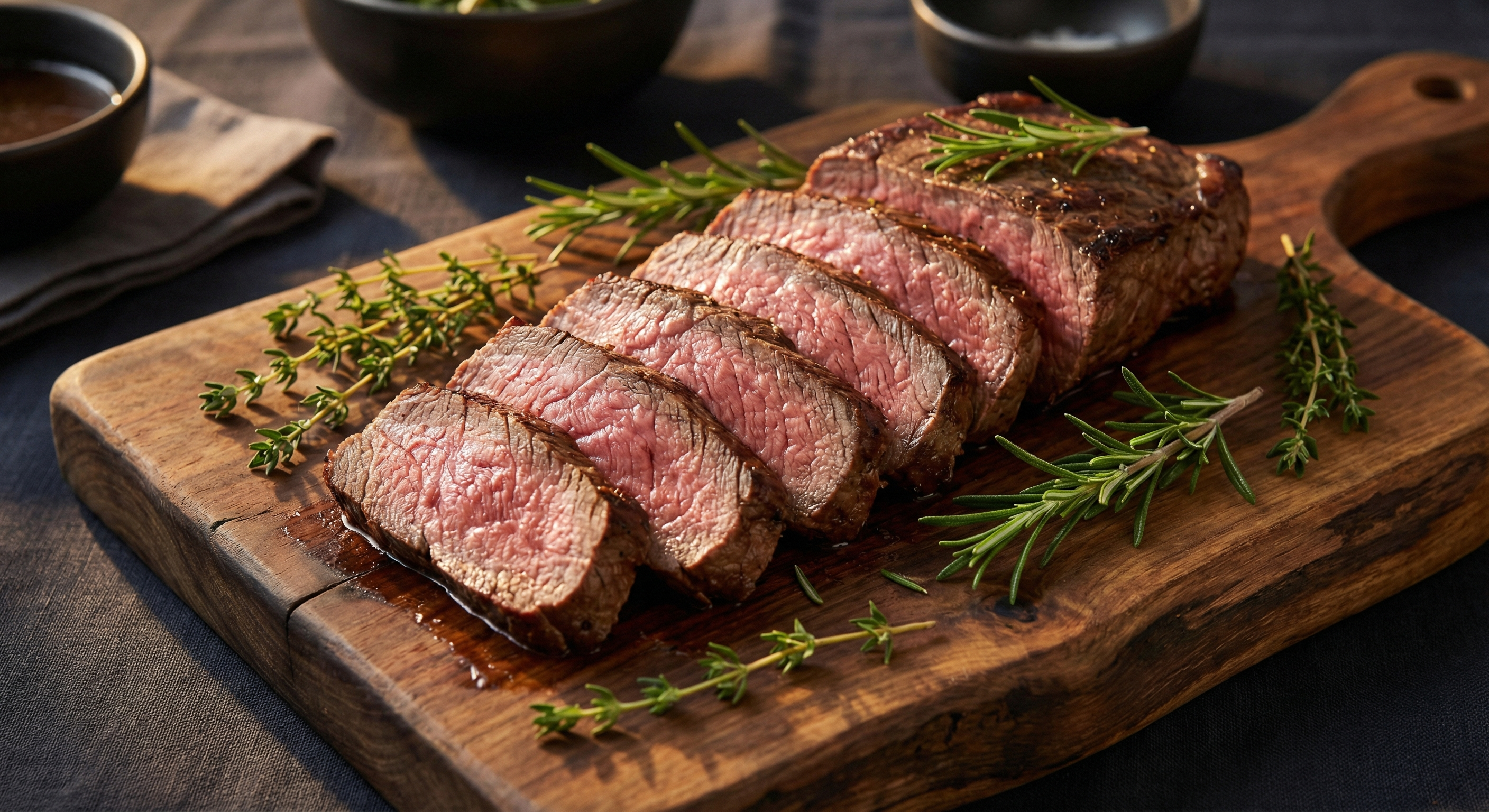 Sliced London broil on dark wooden cutting board showing pink medium-rare interior cut against the grain with fresh herbs